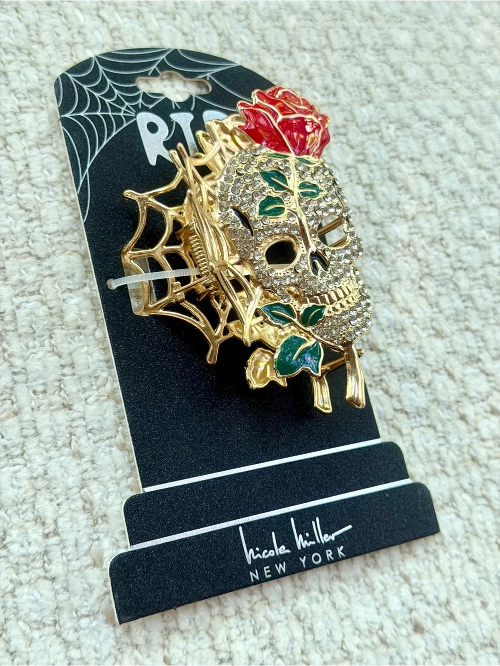 Nicole Miller Skull Rose Hair Clip Metal Claw Rhinestone Enamel Halloween New